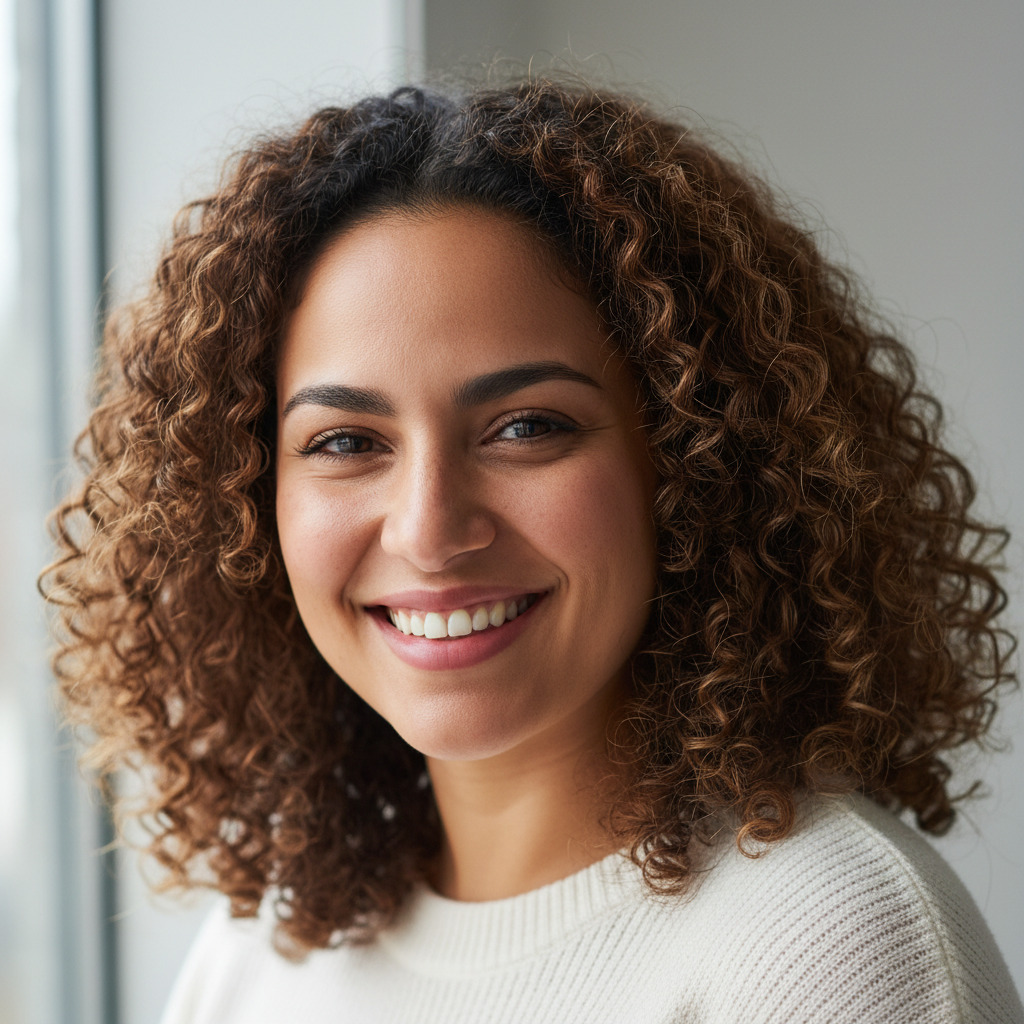Hispanic woman with wavy brown hair wearing professional attire smiling confidently in contemporary workspace