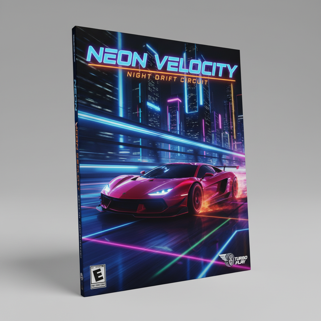 Nighttime racing circuit with neon lights and speed blur effects, dark track environment