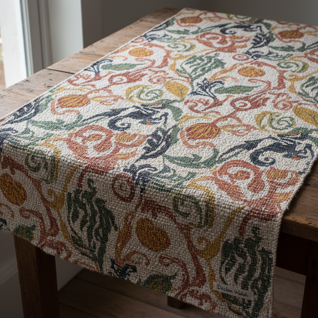 Textile design by Declan Walsh, woven fabric with earthy botanical pattern and natural dyes