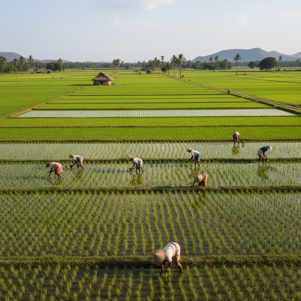 Green rice paddy fields in sunlight, agricultural crops, lush farmland