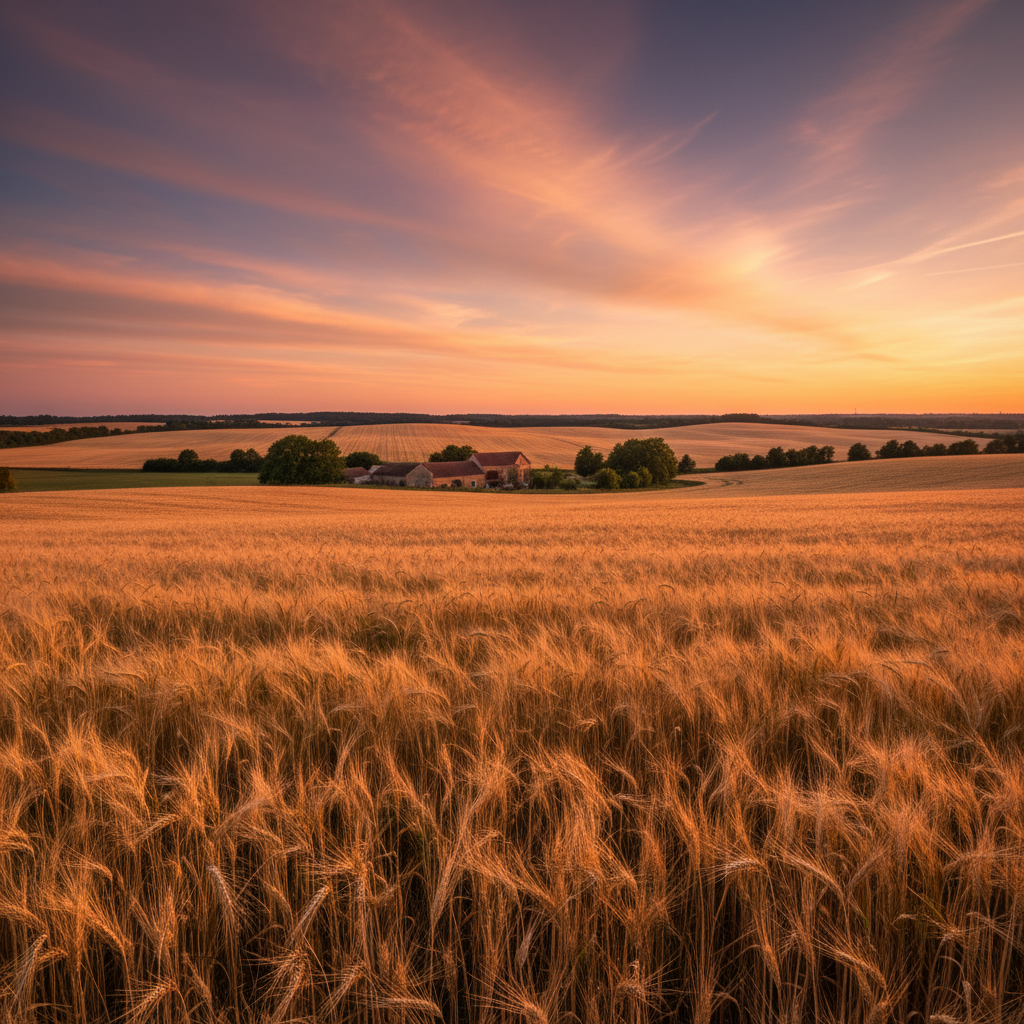 Dusty Oklahoma landscape with golden wheat fields under wide open sky at sunset, warm amber light