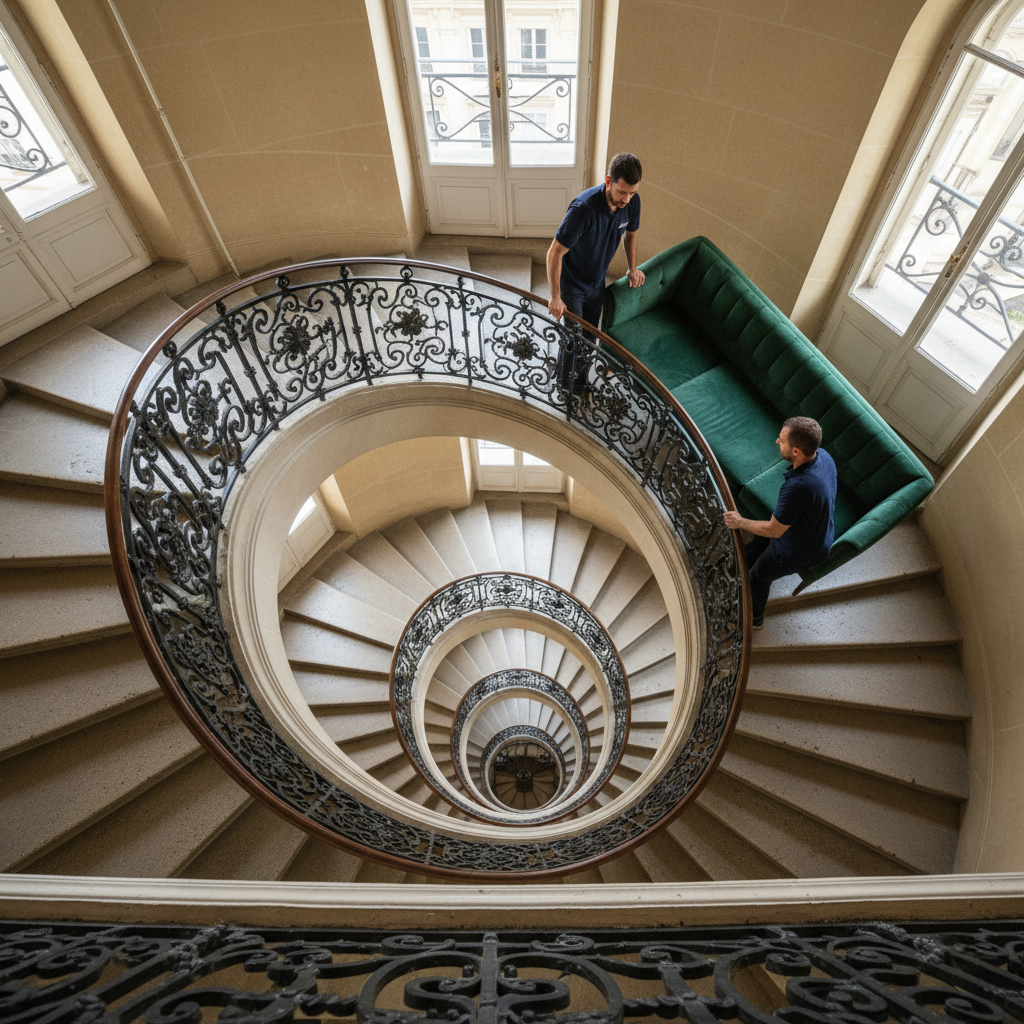 Vue plongeante sur un escalier en colimaçon parisien, deux déménageurs en polo marine portant un canapé dans la cage d'escalier