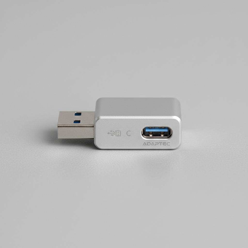 Adaptador USB-C a USB-A sobre fondo oscuro mostrando los conectores