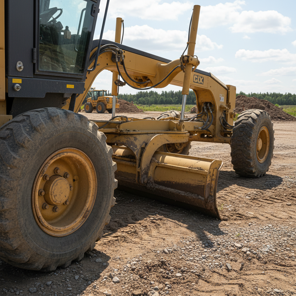 Motor grader leveling dirt road surface, long yellow machine with angled blade, road construction