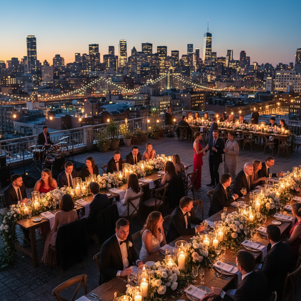 Rooftop dinner table at dusk with city skyline, candlelight, and elegant place settings in moody twilight atmosphere