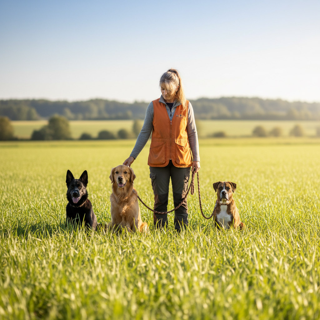 Dog trainer with clean hands working with attentive dog, bright outdoor setting, clean athletic wear