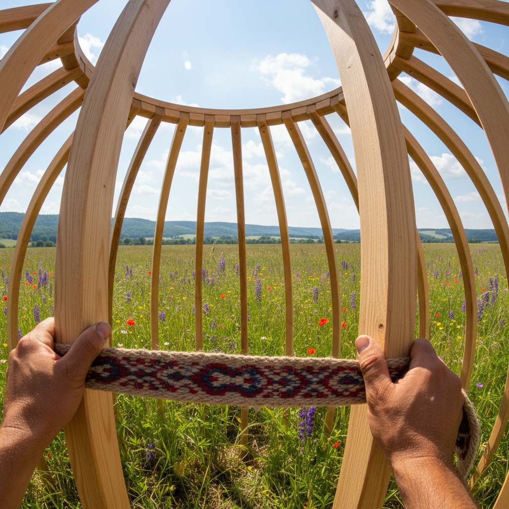 Designer's hands pulling a tension band across a yurt frame in a meadow
