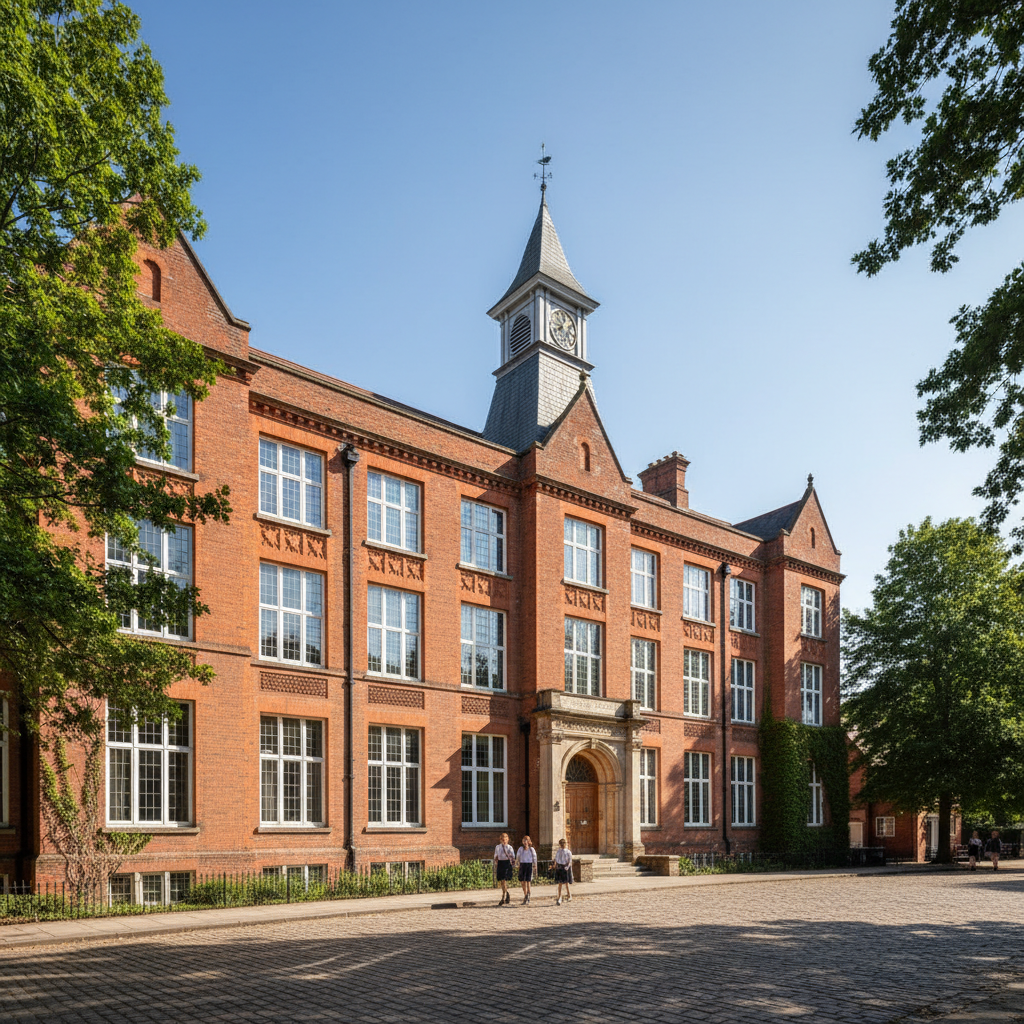 Victorian red-brick school building with large windows on sunny morning