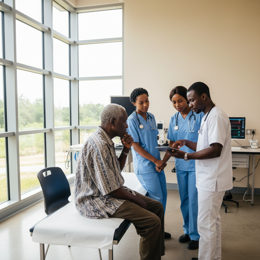 Smiling diverse South African patient receiving confirmation on their phone at a modern clinic, friendly doctor visible in background