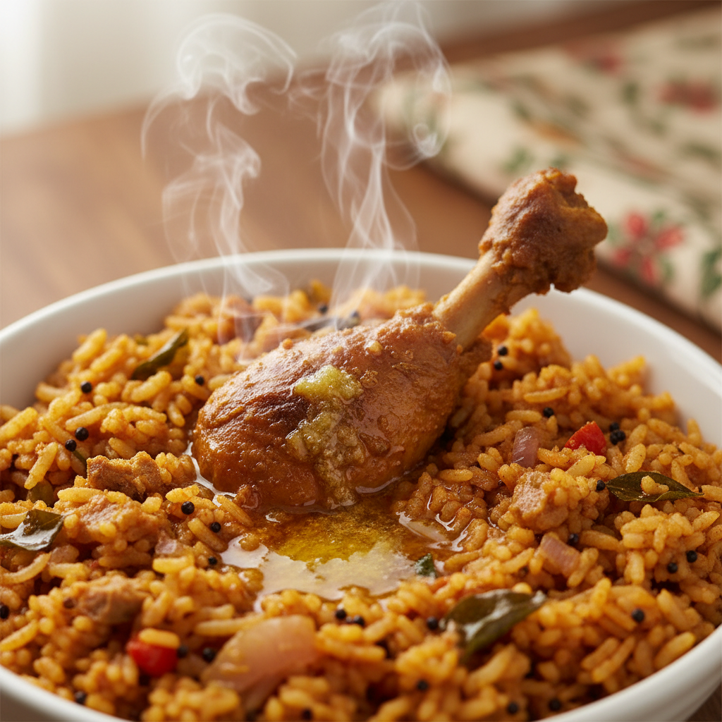 Bowl of sambar rice with drumstick breaking the surface, ghee pooled at center, steam rising