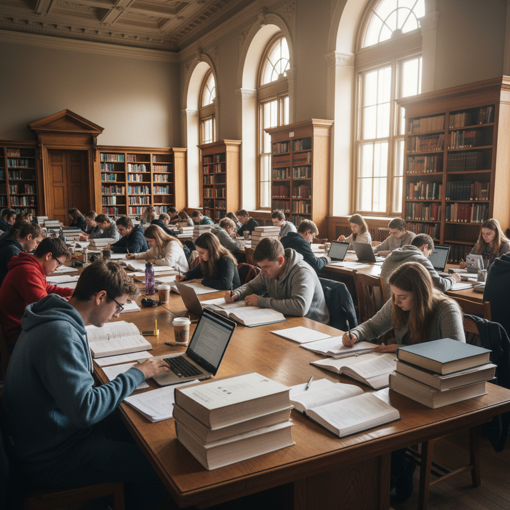 Students studying and preparing scholarship applications at a university library