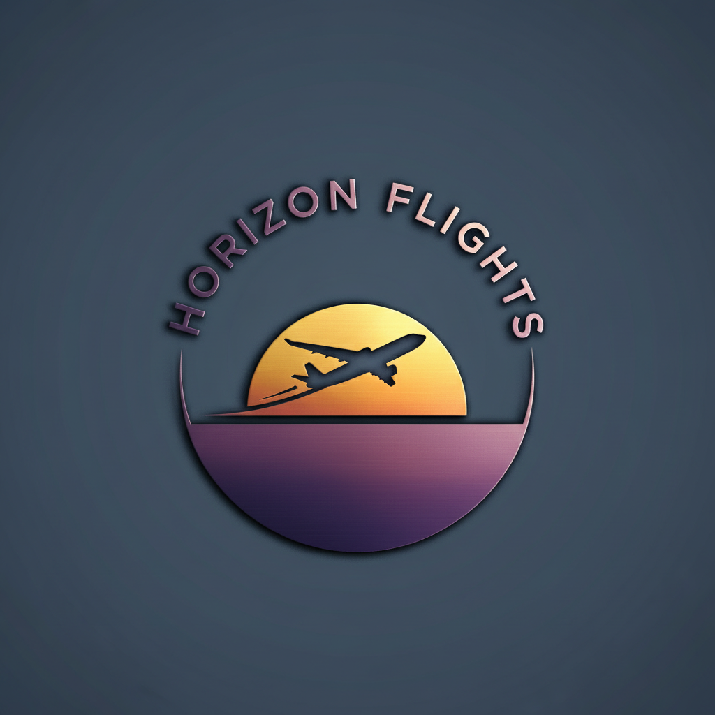 Horizon Flights logo with purple and gold sunrise horizon and airplane silhouette