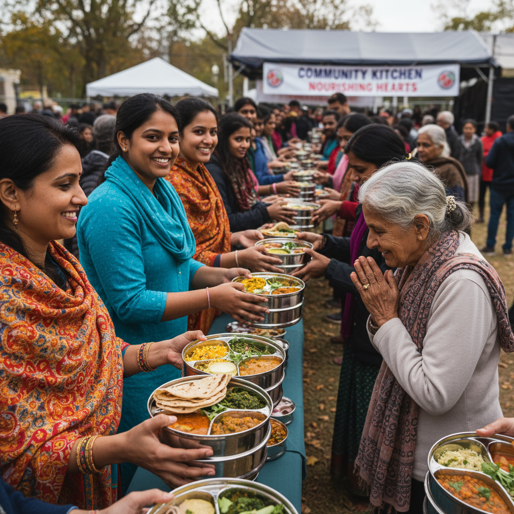 Volunteers serving hot meals in containers to community members during food distribution event