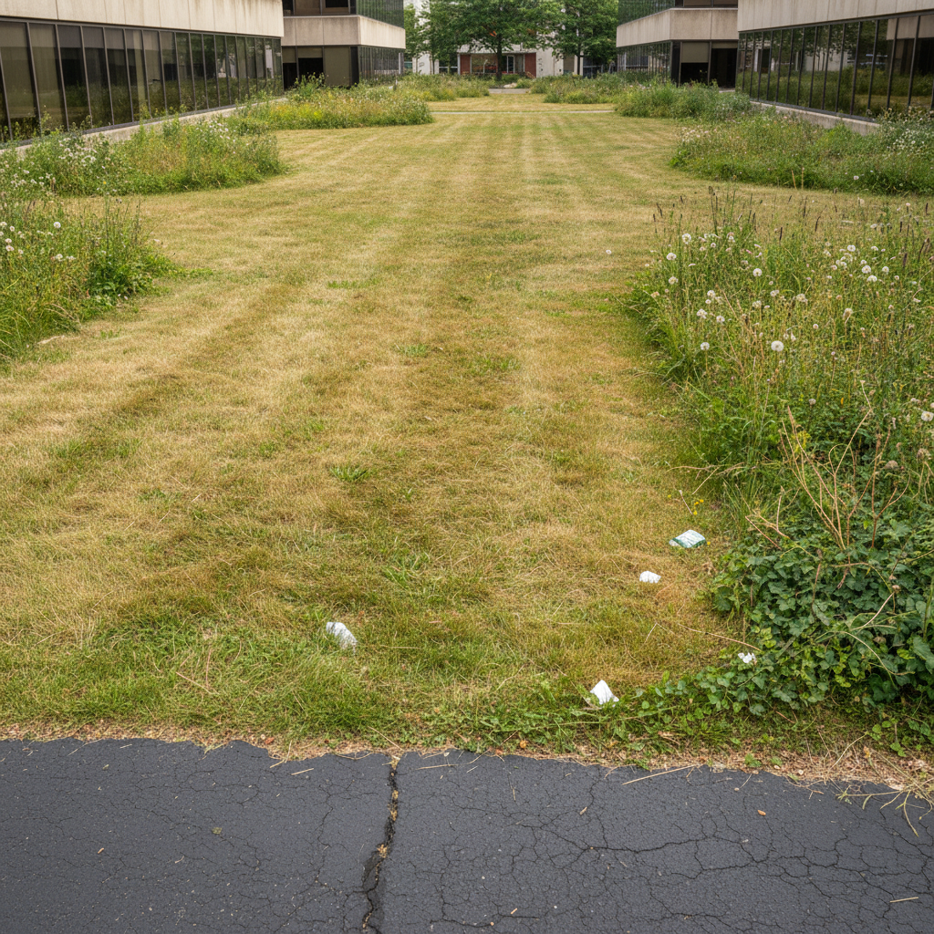 Neglected commercial office park lawn with brown patches and overgrown edges