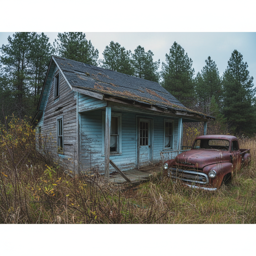Rundown cabin with peeling paint and damaged roof before major renovation project