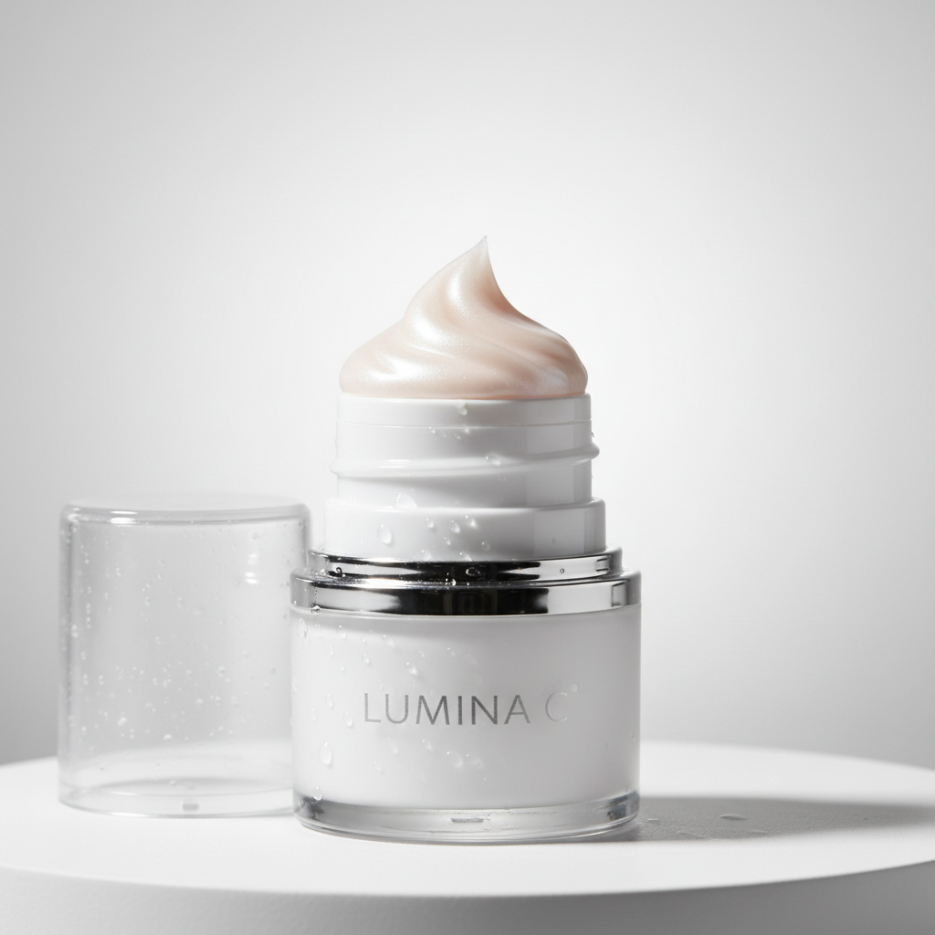 Radiance Glow Serum product shot, clean white background, professional beauty photography
