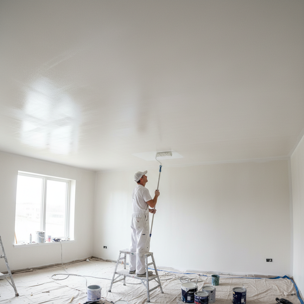 Painter rolling PVA primer onto smooth ceiling, even coverage with no missed spots