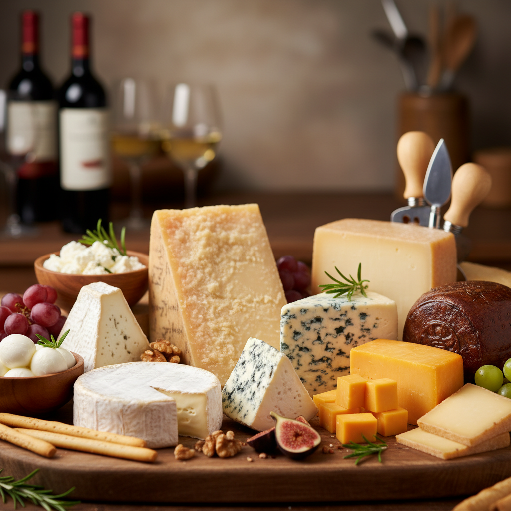 Overhead view of three artisan cheese wheels arranged on brown paper with handwritten pairing cards, dried figs, walnuts, and a small honey jar on a marble surface