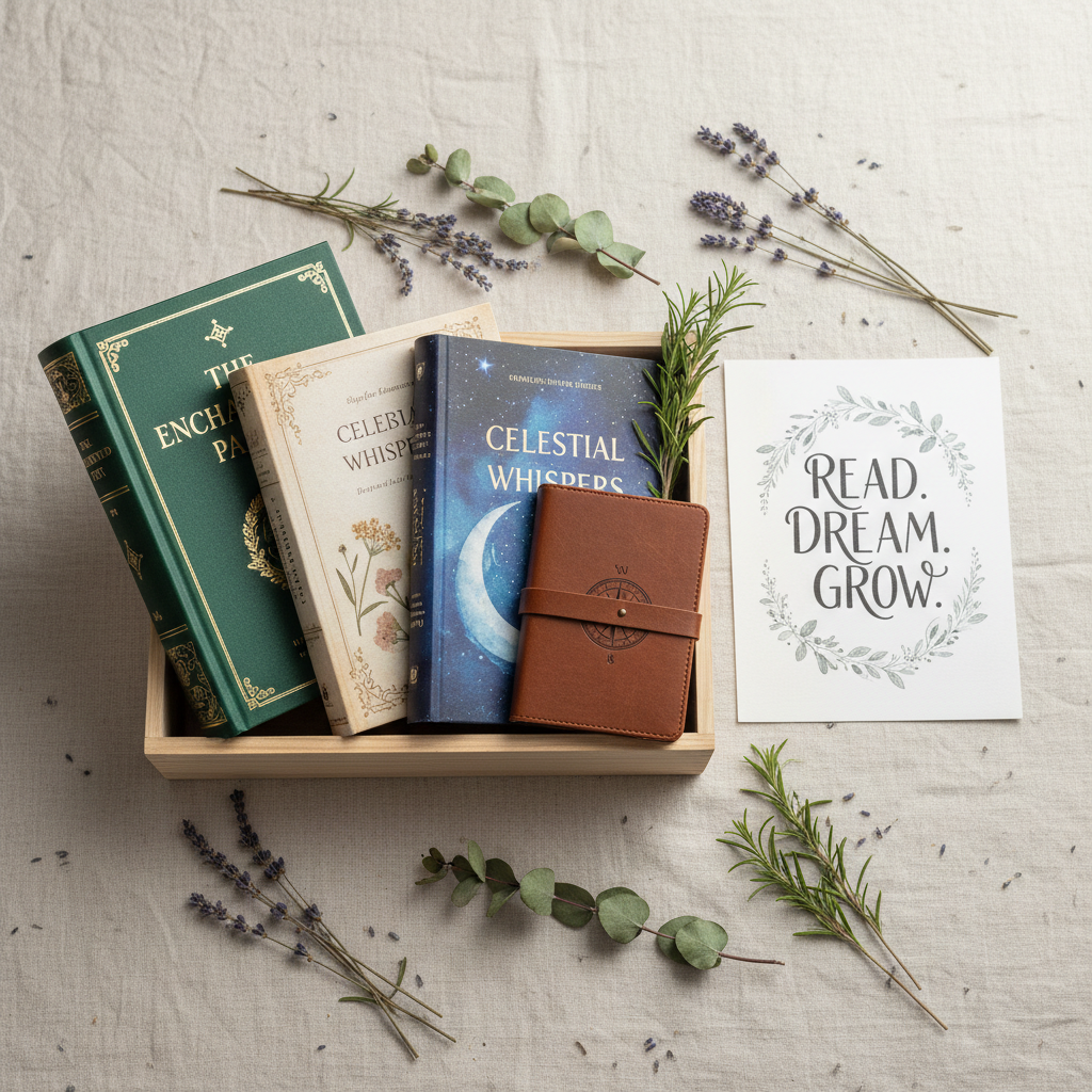 Curated book box with four books, a hand-lettered print, and dried herbs arranged on cream cloth