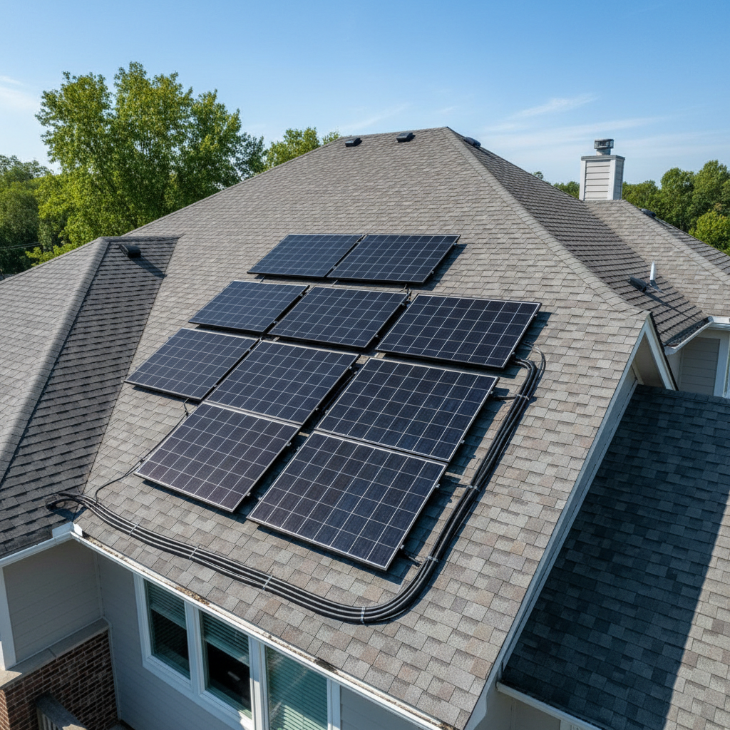 Solar panels installed on residential rooftop under clear sky