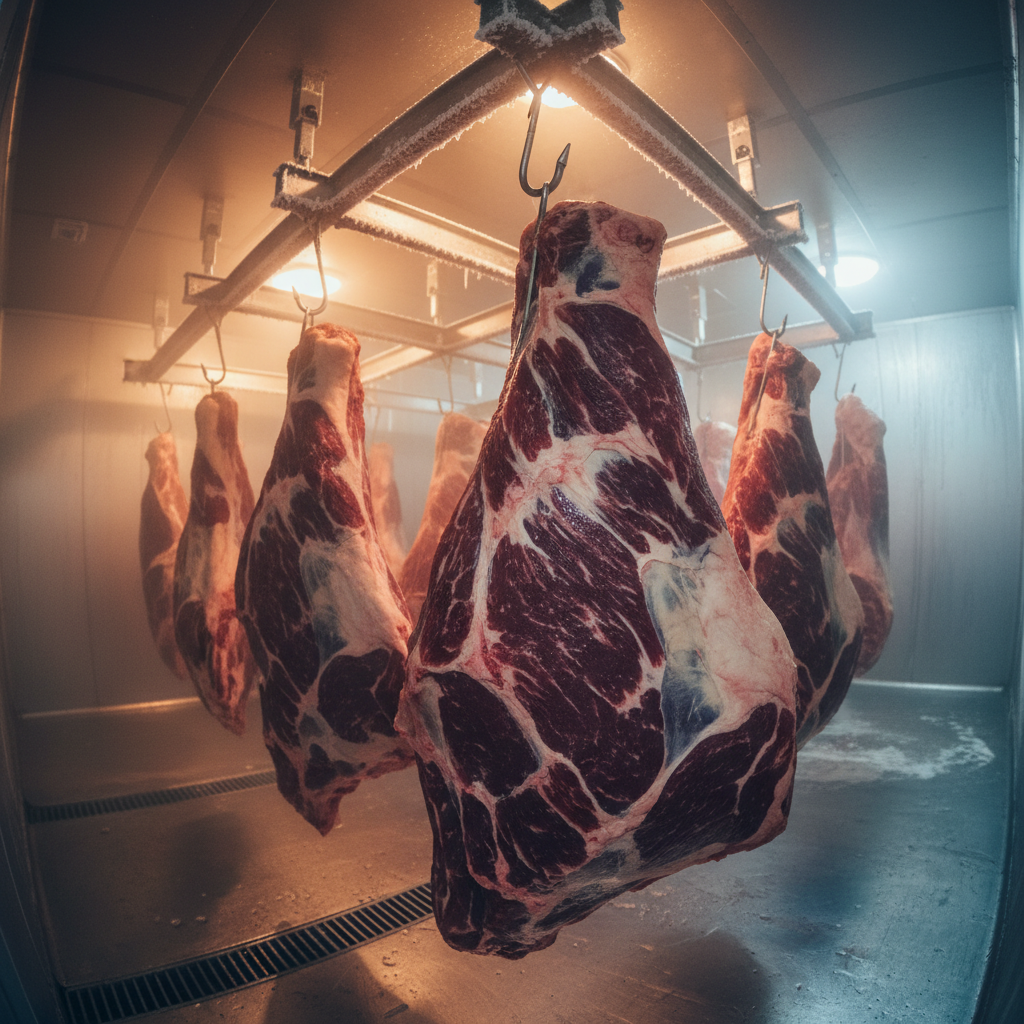 Frozen meat cuts in vacuum sealed packaging on dark surface, professional butchery, cold storage atmosphere