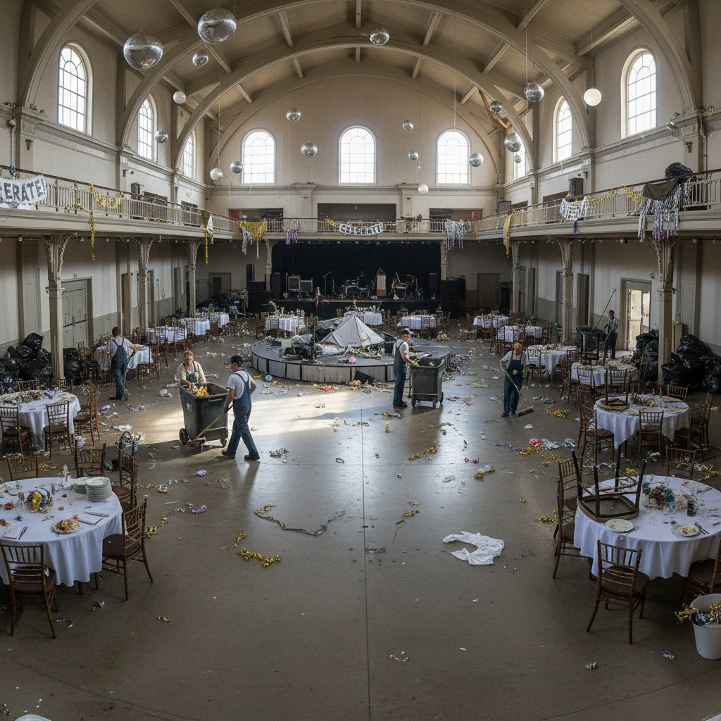 Clean and restored event space after a celebration, chairs stacked and area tidied