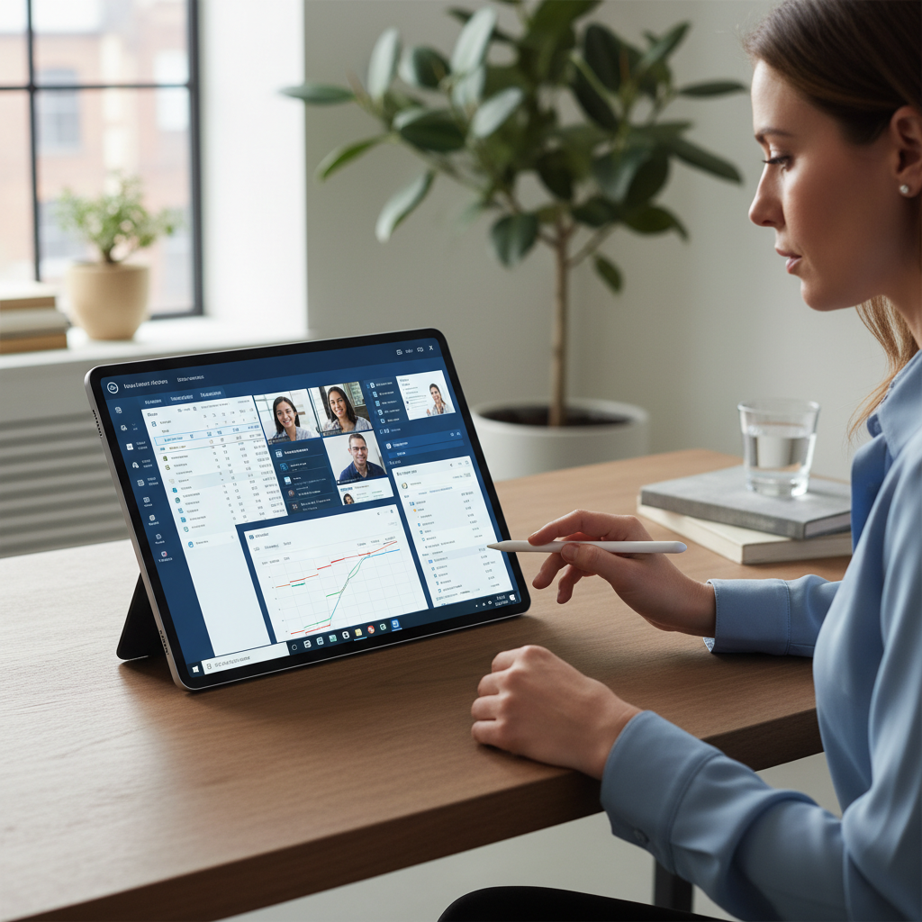 Person accessing a full Windows virtual desktop on a tablet device showing cloud workspace with business applications
