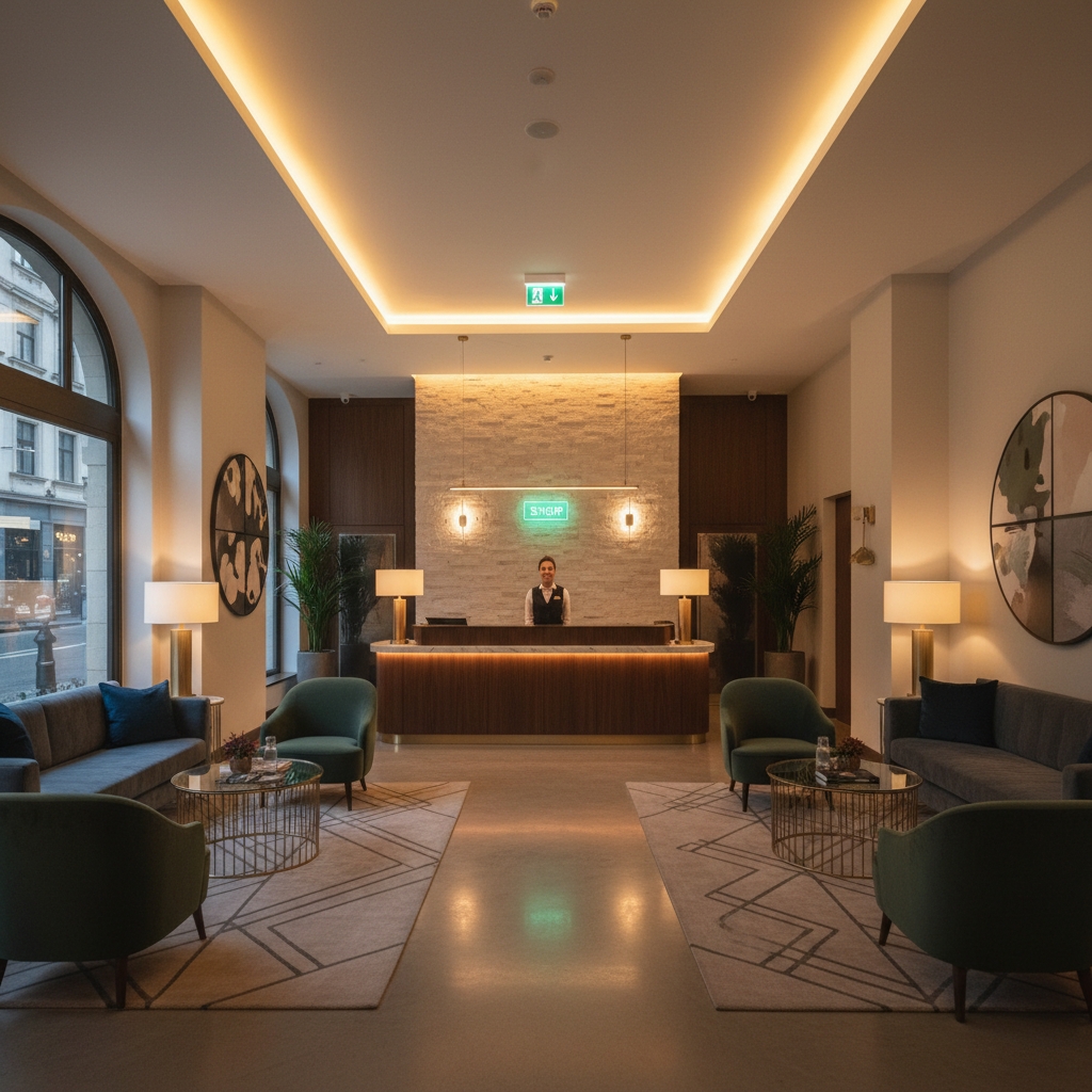 Elegant boutique hotel lobby with clean fire exit signage visible and a welcoming front desk area