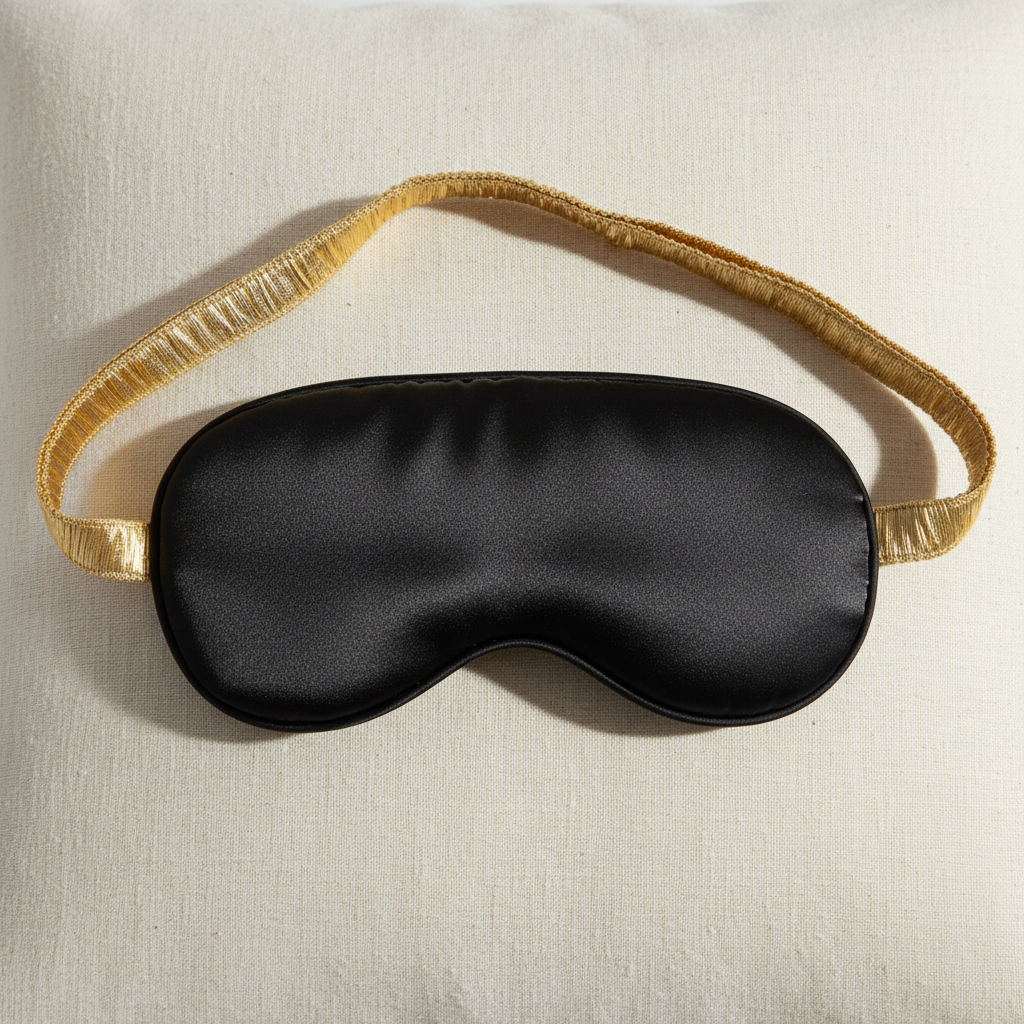 Smooth black silk sleep mask with gold elastic strap on ivory linen pillow