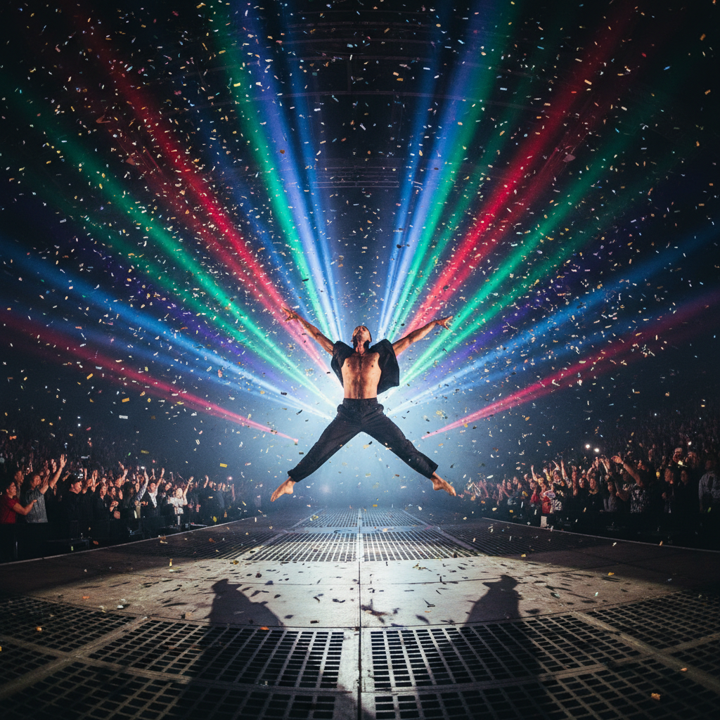 Live performance with dramatic stage lighting creating atmospheric shadows and highlighting performer in motion