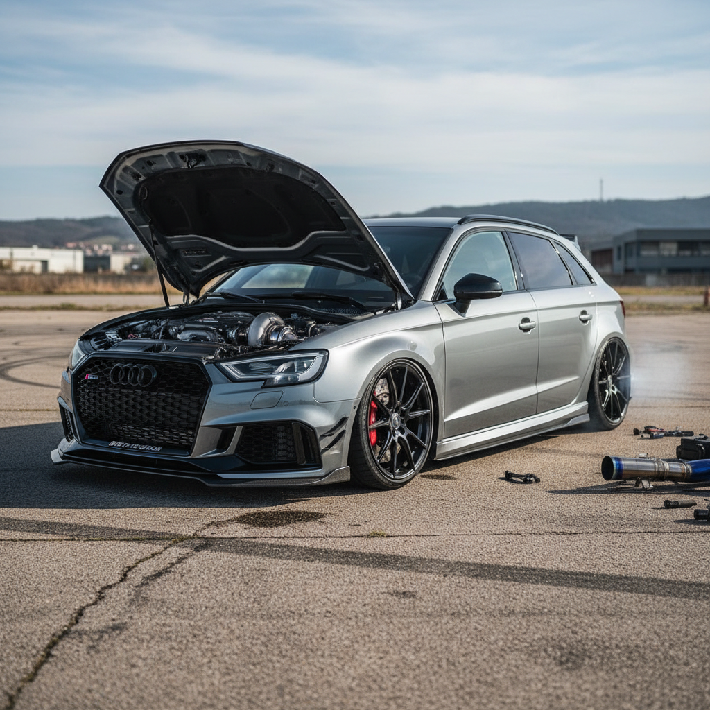 Tuned Audi RS3 on coilovers post-build, downpipe exhaust, hybrid turbo screaming