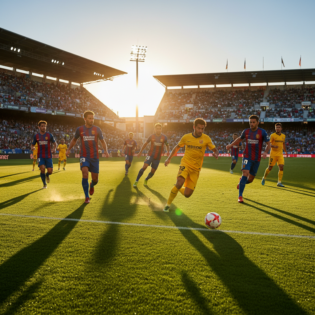 Soccer players competing in a 5-a-side match on a floodlit green pitch, evening atmosphere, action shot