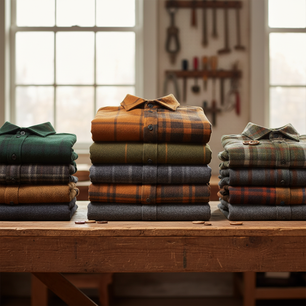 Neatly folded woolen flannel shirts in earth tones on a cutting table