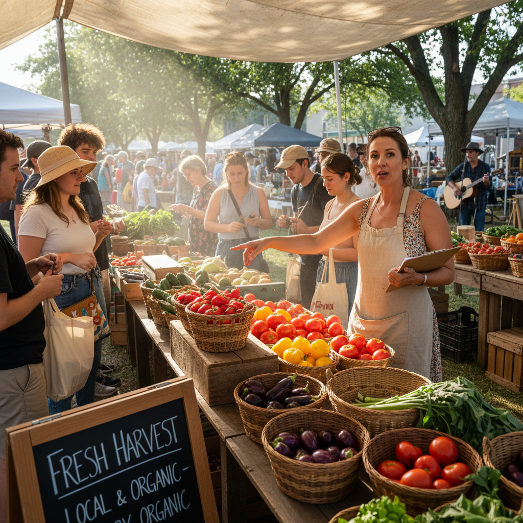 Priya Mehta, farmers market director, standing at an outdoor market stall