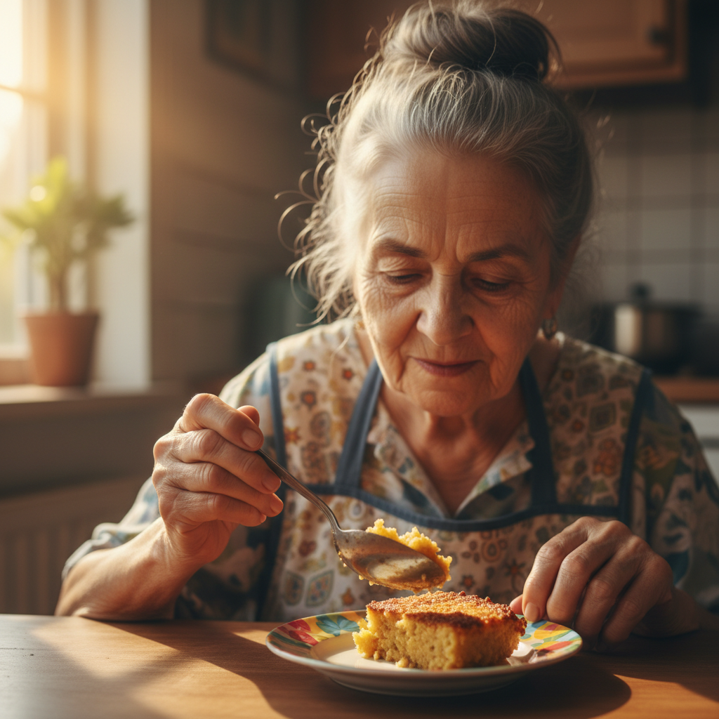 Oma die pom opschept op een kinderbord