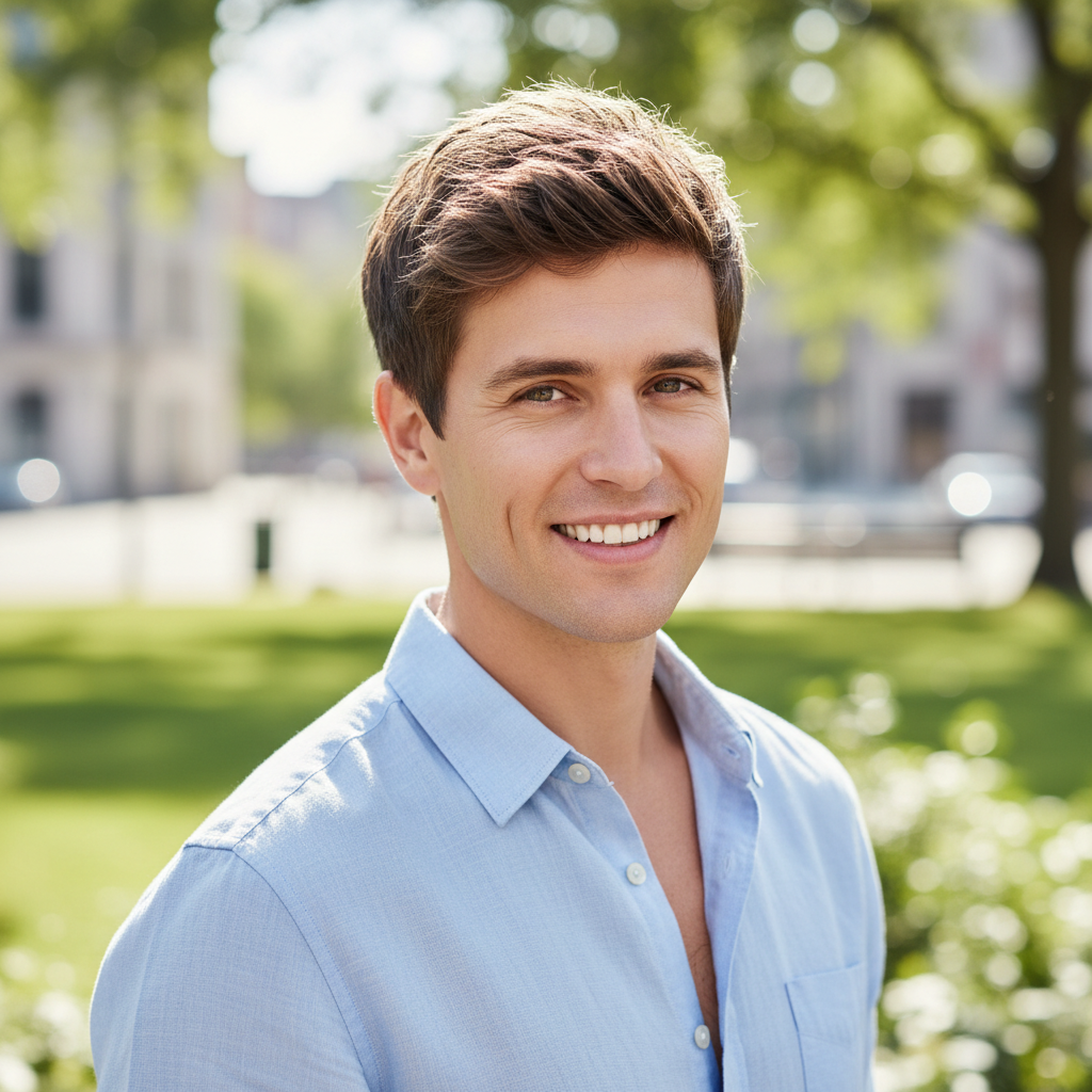 Asian man in casual blue shirt smiling outdoors with natural lighting