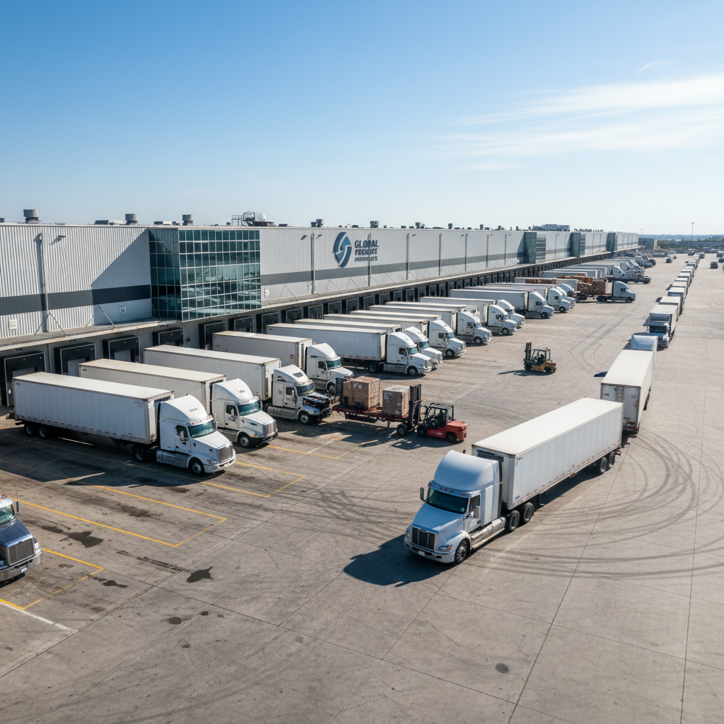 Industrial logistics facility with freight trucks at Bakersfield California