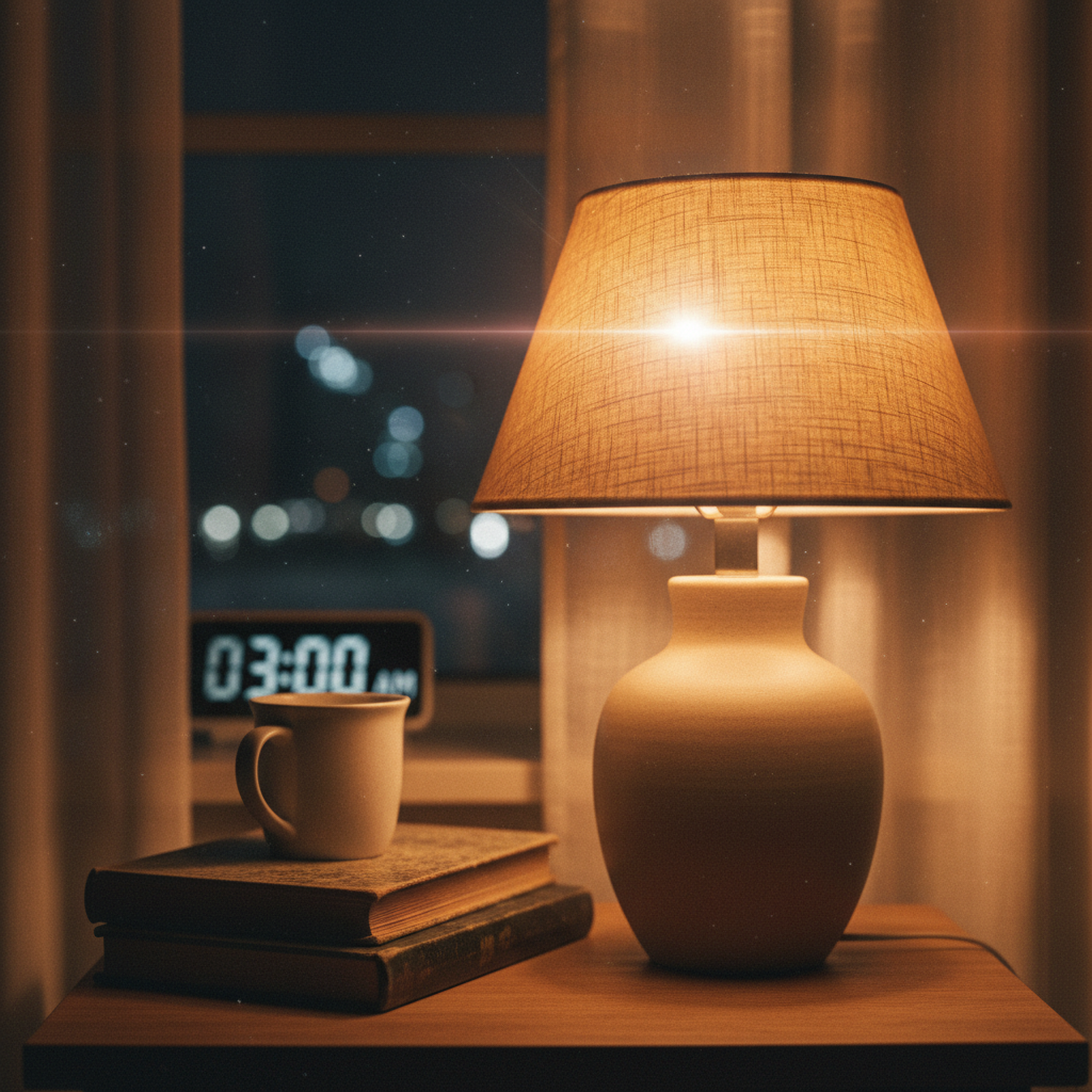 Soft warm light from a lamp on a bedside table at night, representing the 3am flare experience