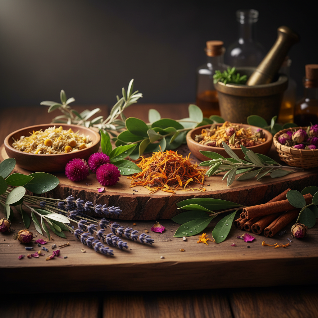 Dried botanicals and spices arranged on parchment paper