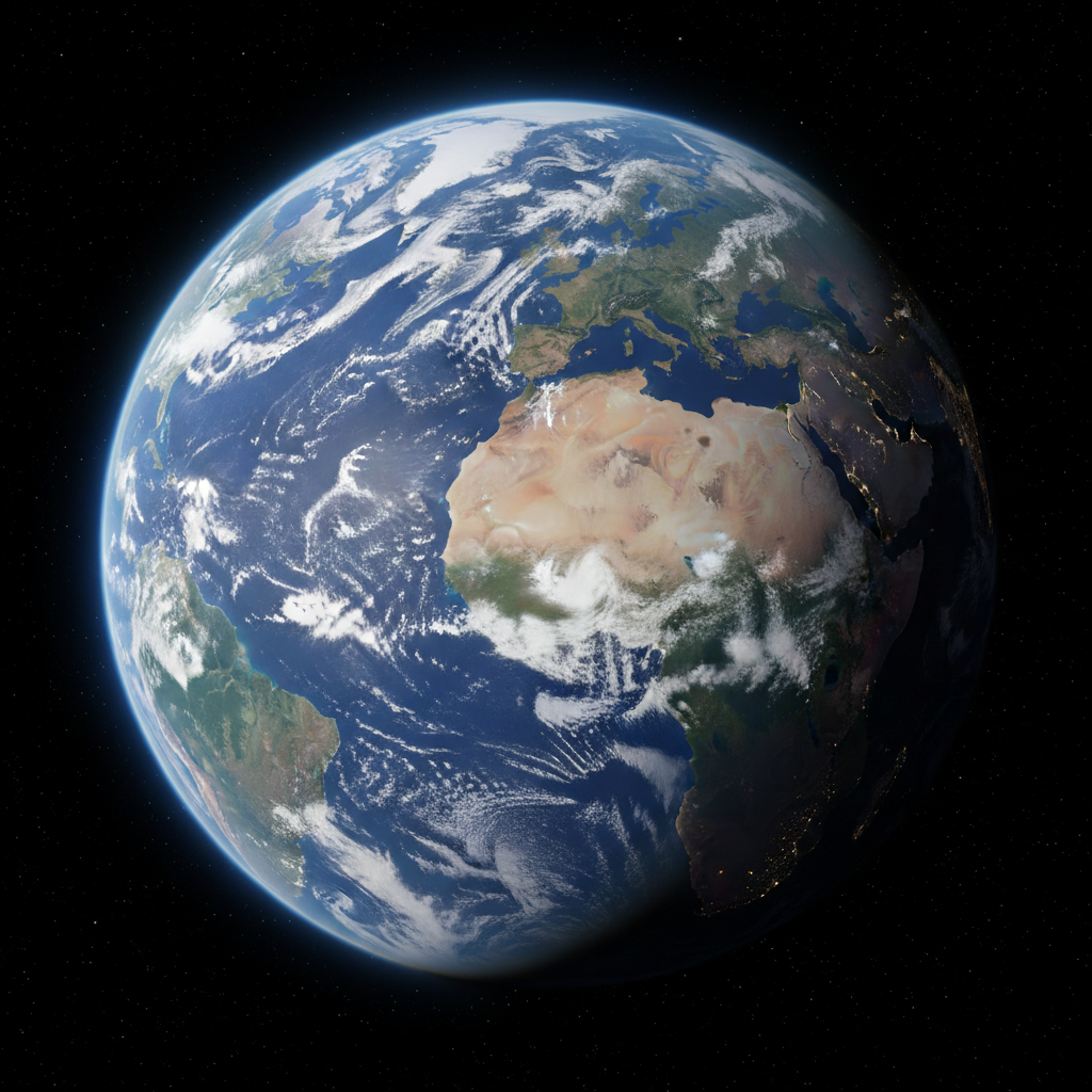 Earth from space, vivid blue oceans and white cloud formations on dark cosmic background