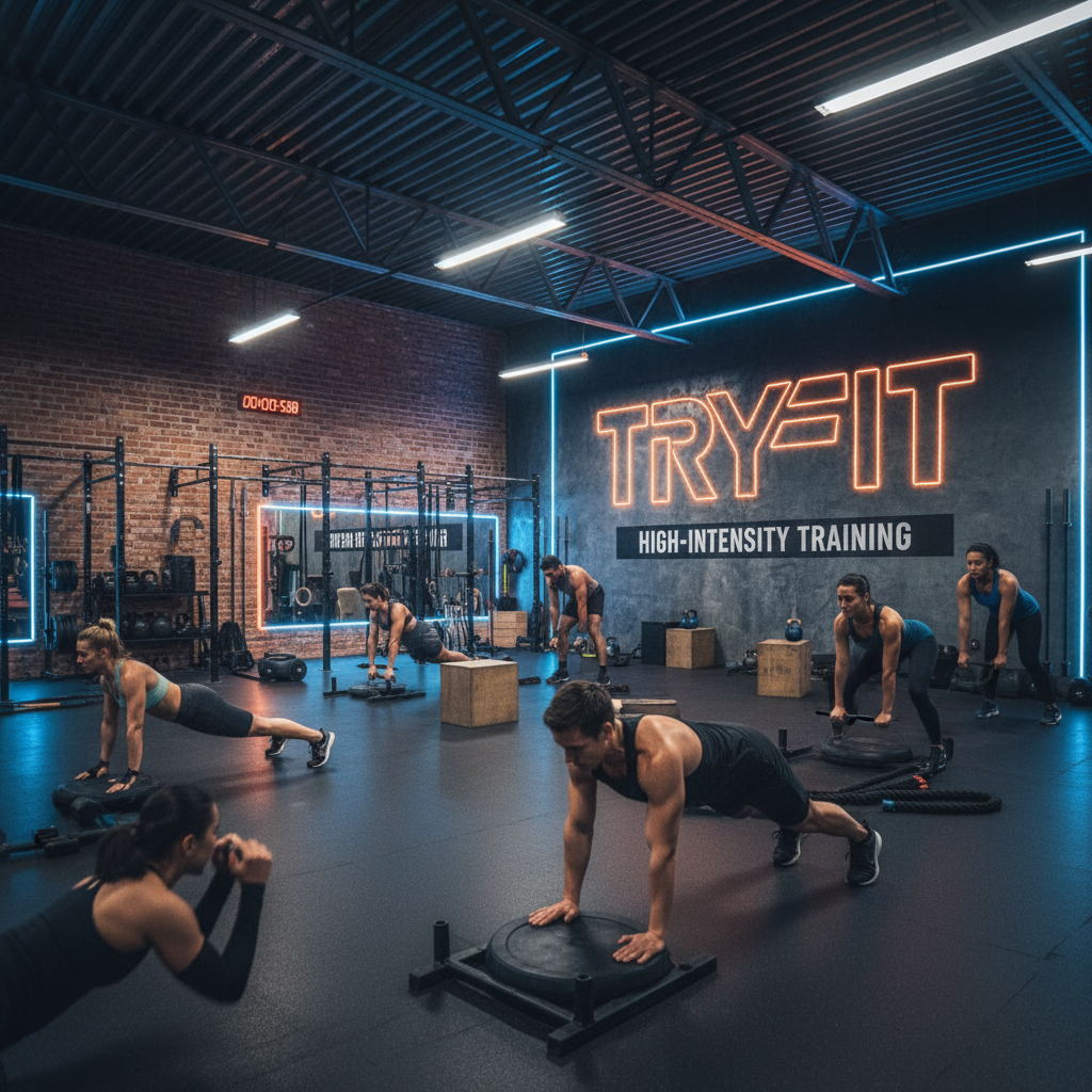 High-contrast fitness studio with neon lighting, dark walls, and dramatic shadows