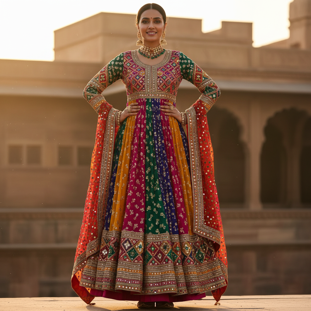 Rich amber and gold embroidered lehenga choli on a model, dramatic warm golden festive lighting