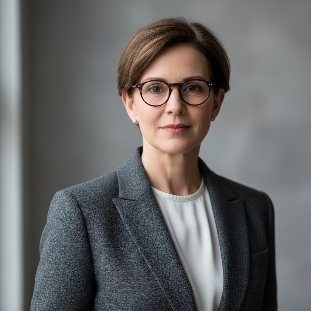 Professional woman with glasses, neutral background