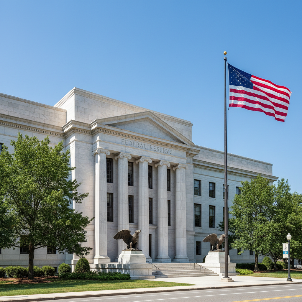 Federal Reserve building exterior in daylight, white columns, clear sky, Washington DC