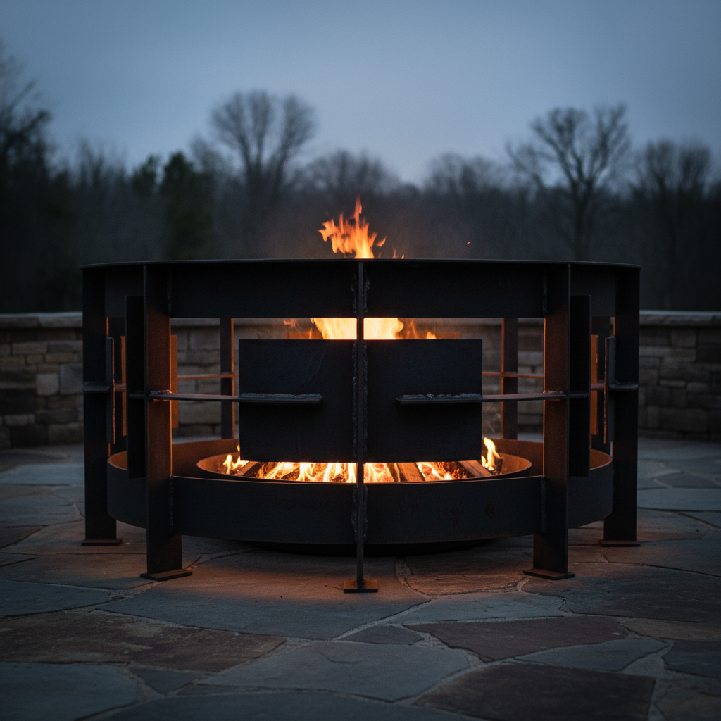 Stone fire pit with flames surrounded by outdoor seating in a backyard patio setting at dusk