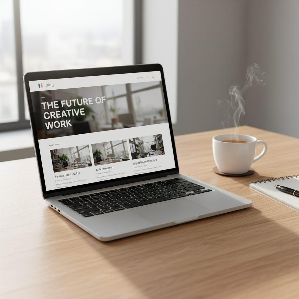 Sunlit home office desk with notebook, coffee cup, and laptop open to a blog writing interface with clean minimal design