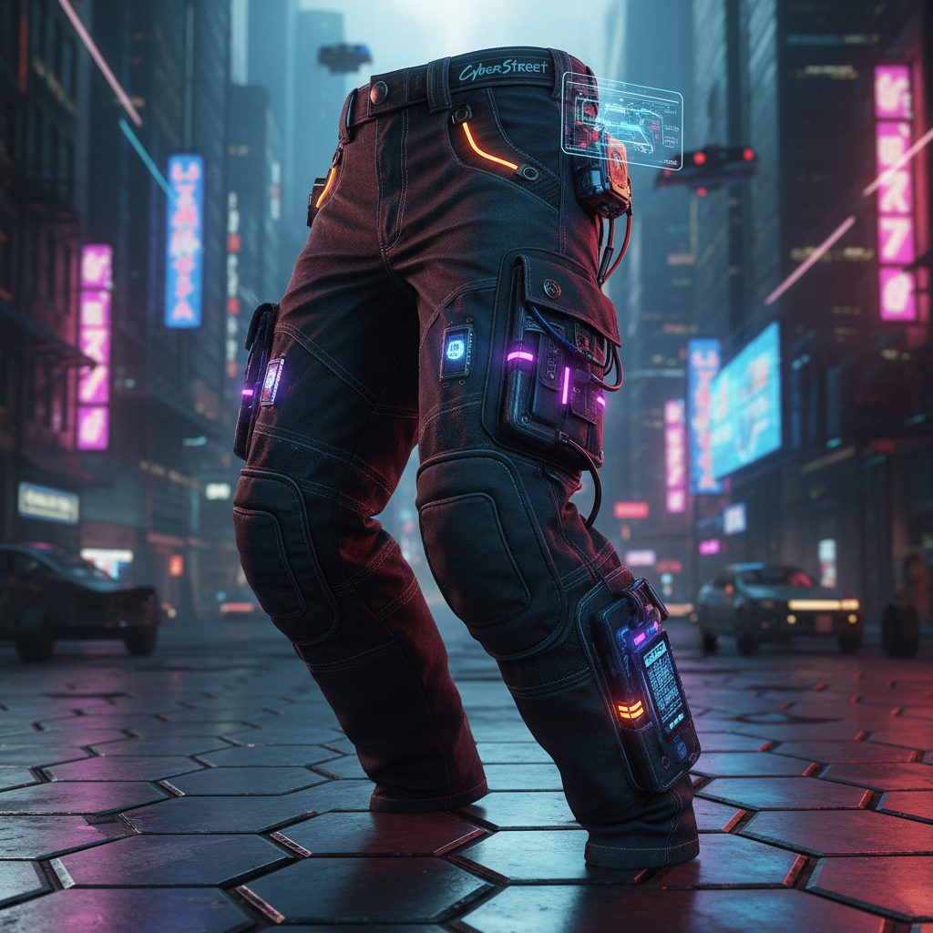 Dark cargo pants with multiple utility pockets, urban street setting at night