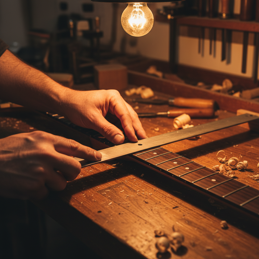 Luthier's hands pressing a straightedge along a fretboard, wood shavings curled on a workshop bench under a single overhead shop light