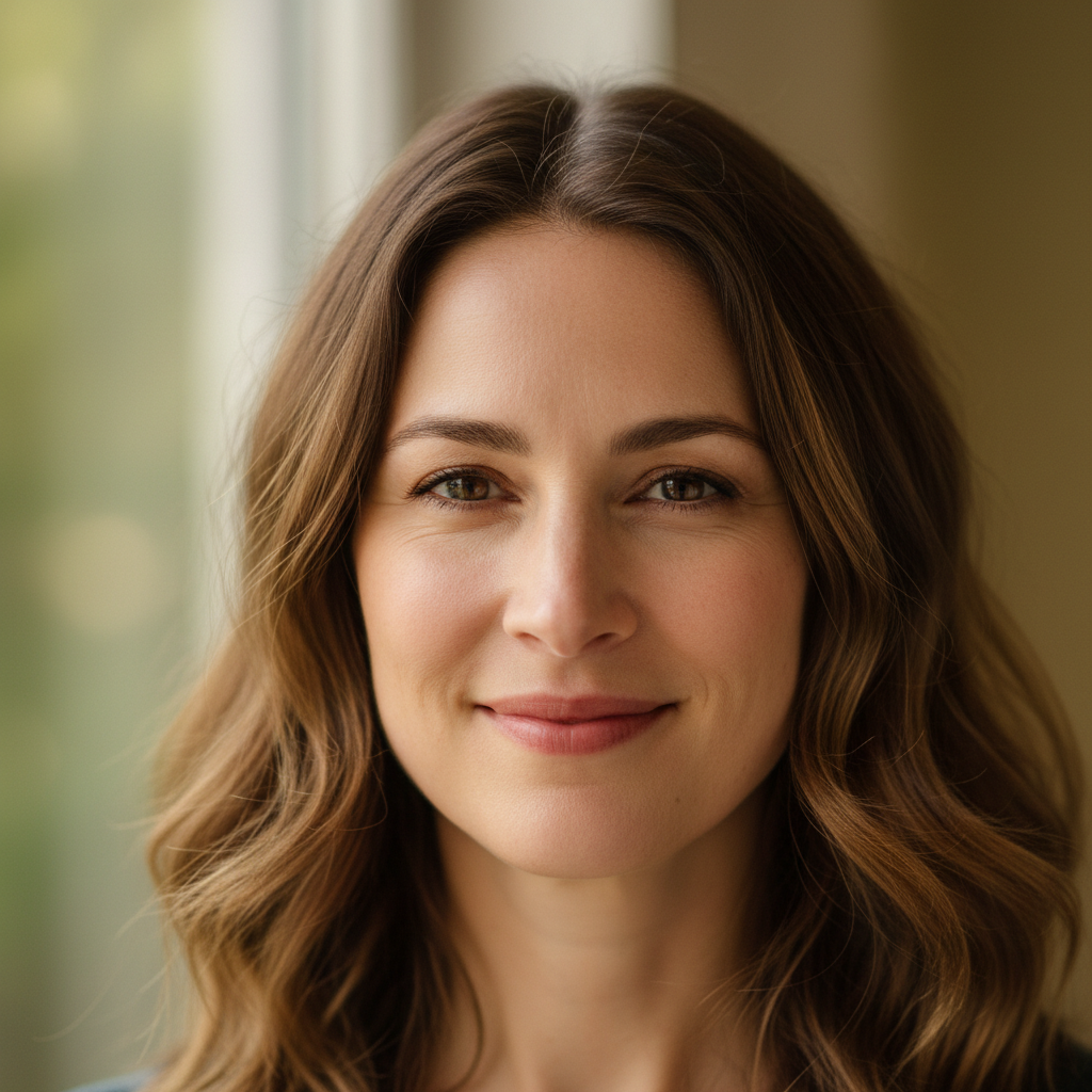 Diane, a mother in her late thirties with warm brown hair, smiling gently