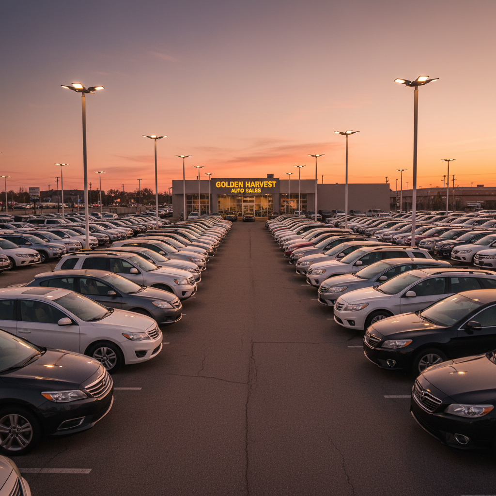 Rows of used cars on a dealership lot at dusk with warm overhead lights